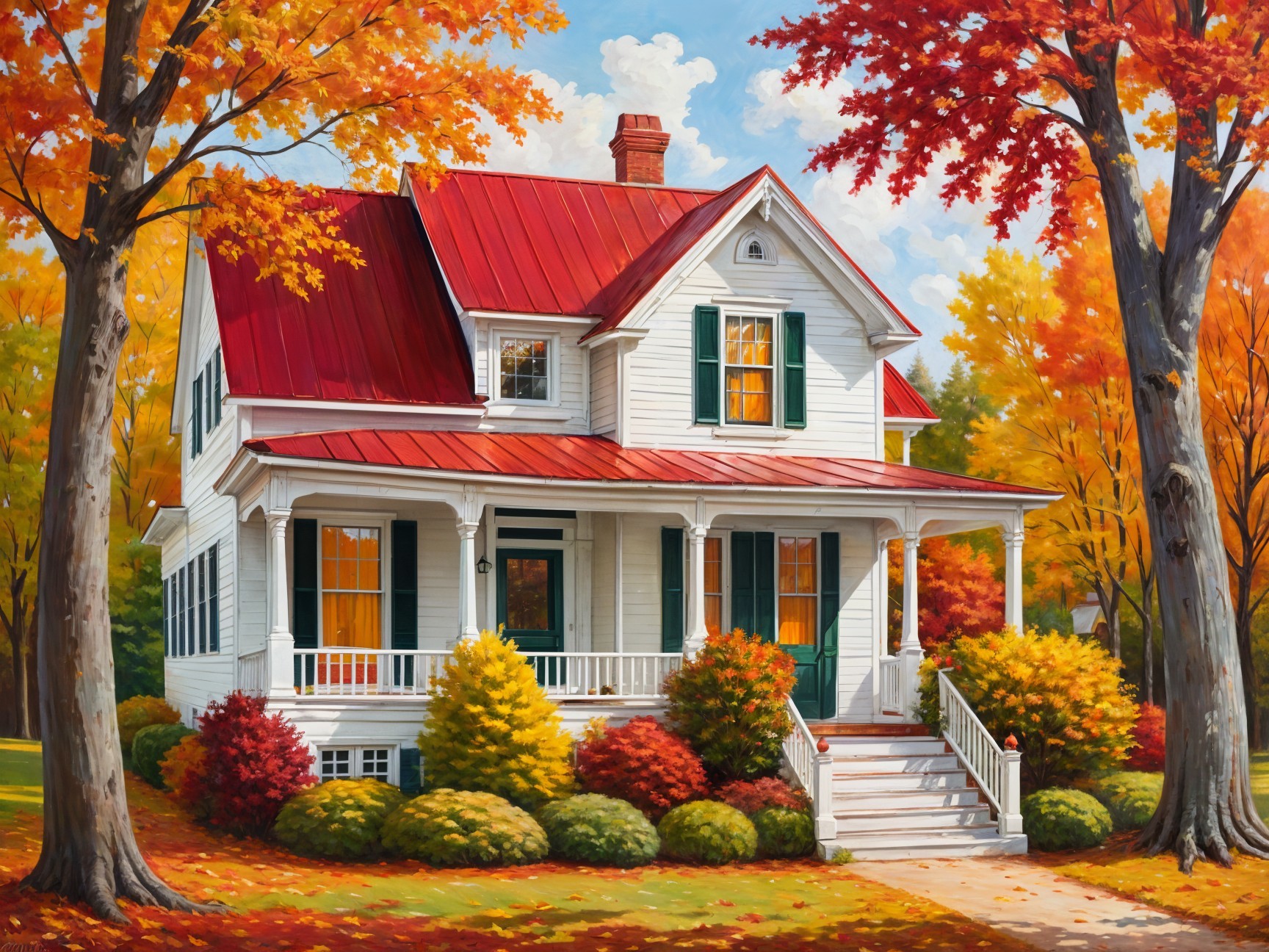 Charming White House with Red Roof in Autumn Foliage
