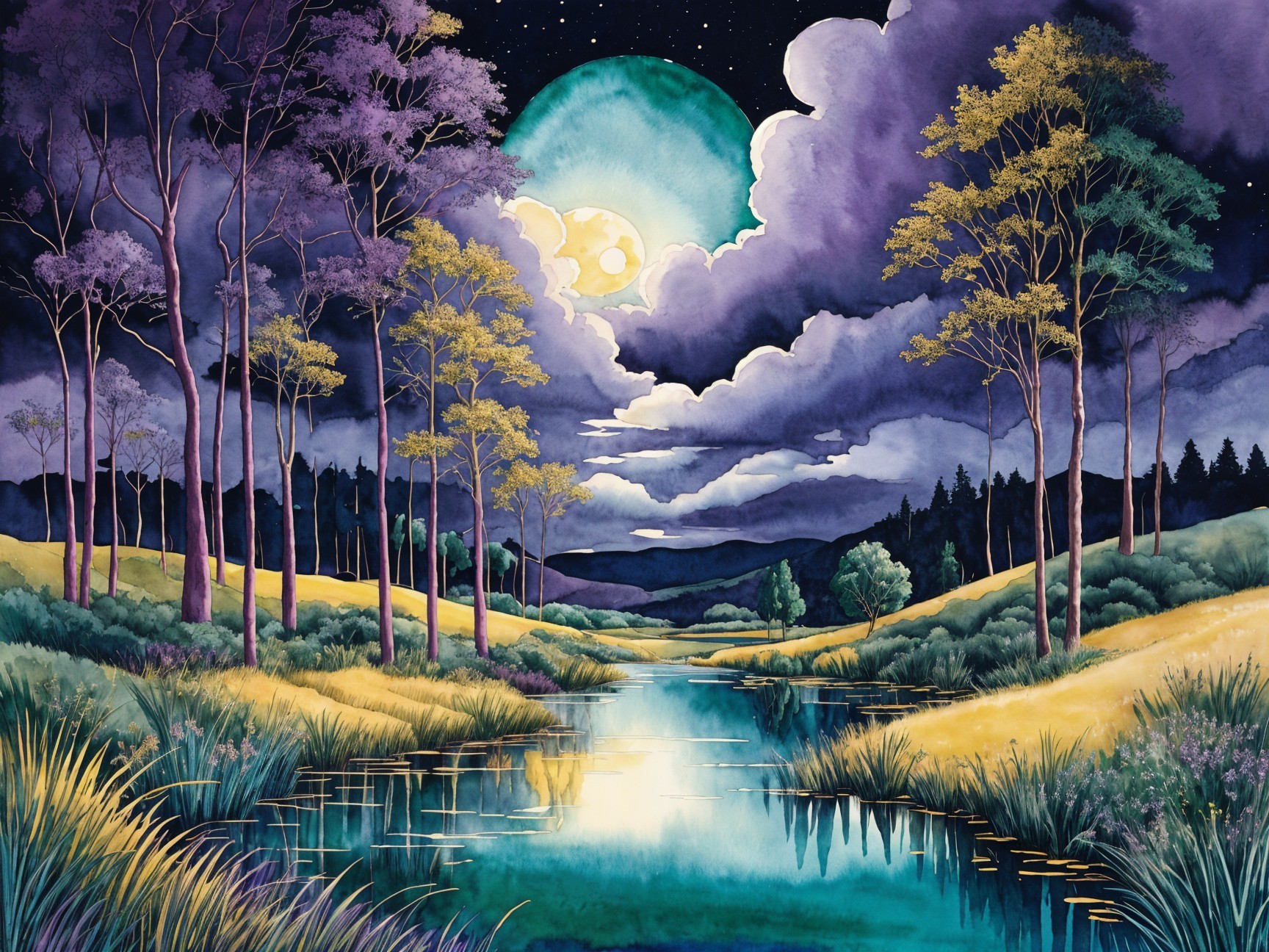 Serene Night Landscape with River and Mountains