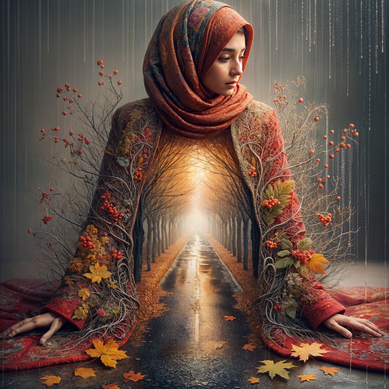 Serene Figure in Vibrant Fabric Amidst Autumn Landscape