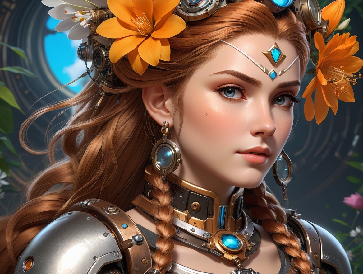 Young woman in metallic outfit with orange flowers