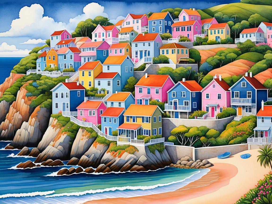 Vibrant Coastal Scene with Colorful Houses and Ocean