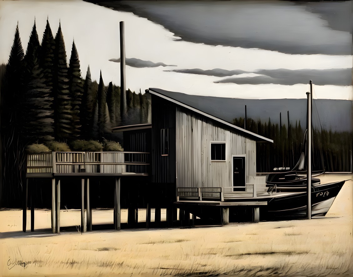 Monochromatic riverside cabin with boat and pine trees