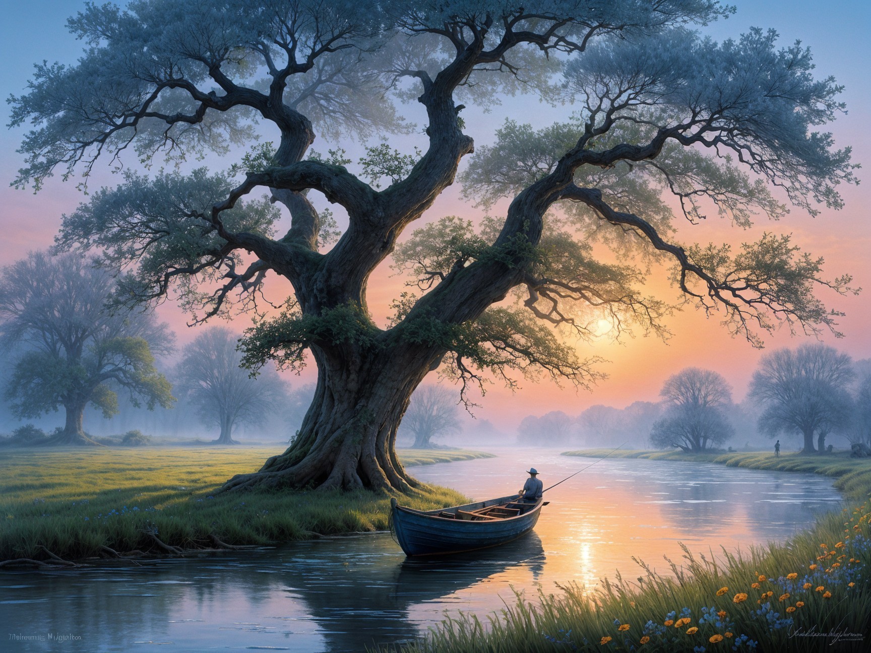 Serene Landscape with Tree and Fisherman at Dawn