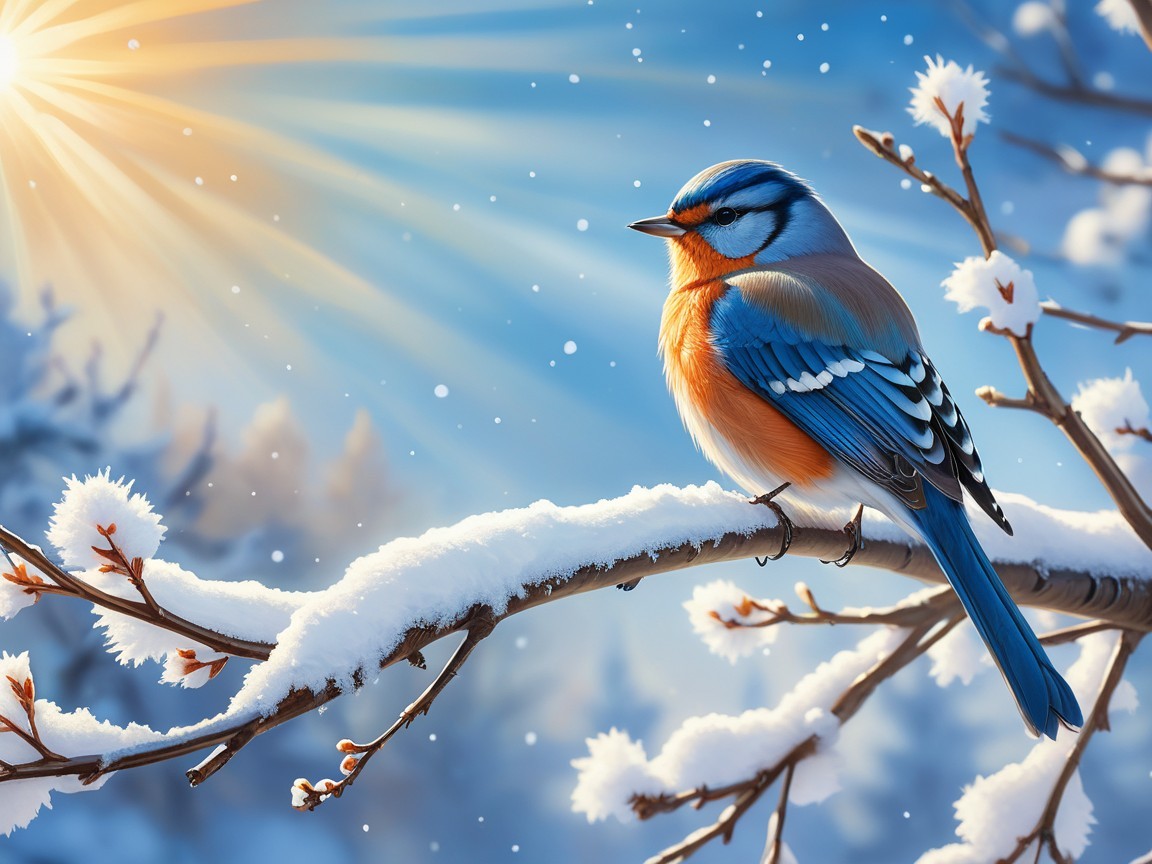 Bluebird on Snowy Branch in Winter Landscape