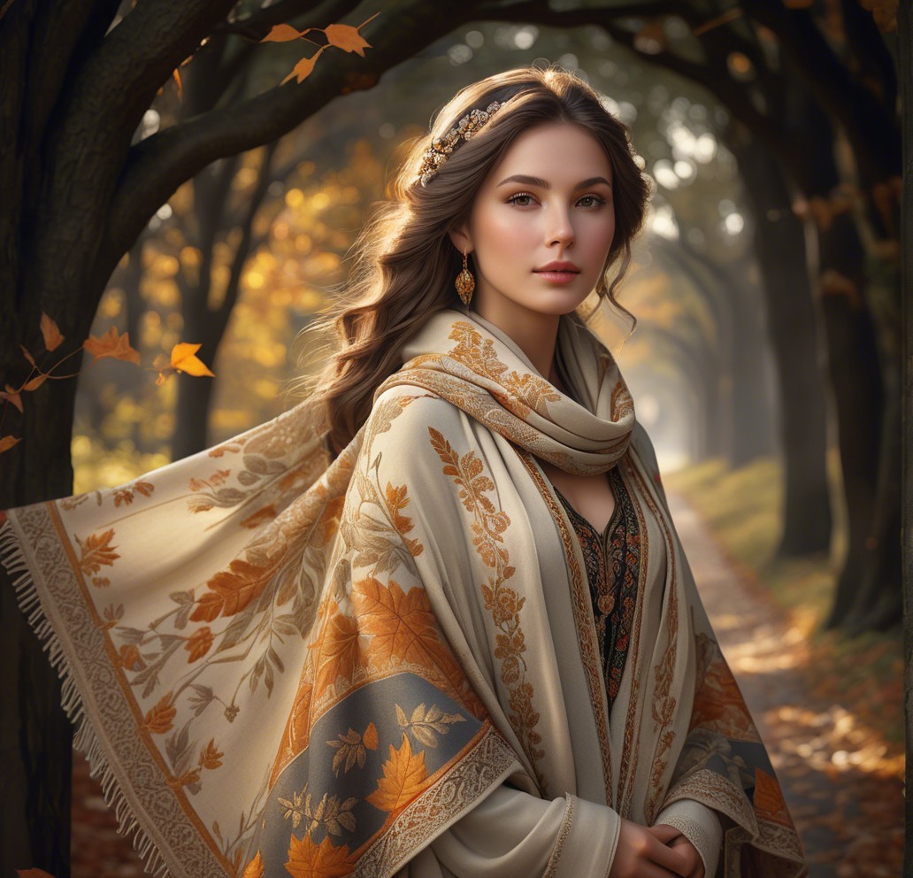 Young woman in autumn setting with floral shawl