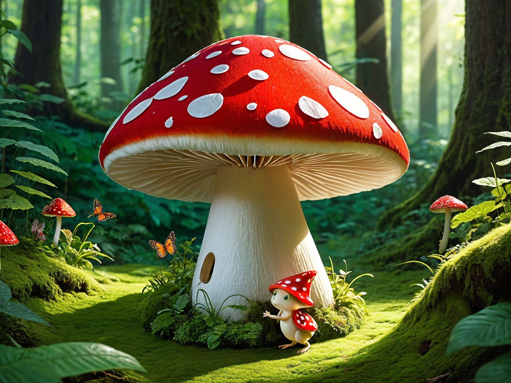 Red-and-white Mushroom in Enchanted Forest Setting