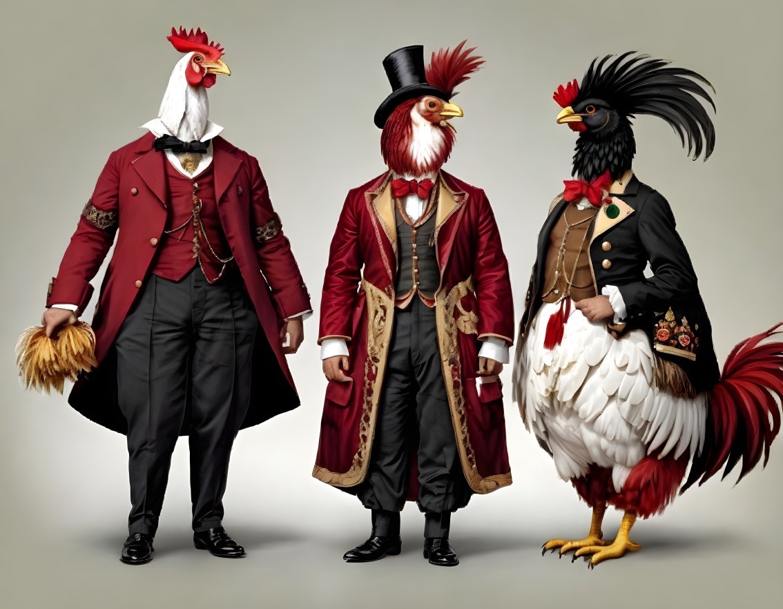 Three Anthropomorphic Roosters in Vintage Attire Showcase Unique Styles