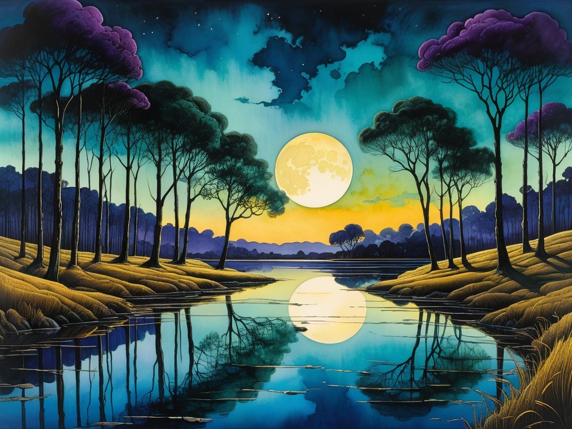 Tranquil Dusk Landscape with Full Moon and Lake
