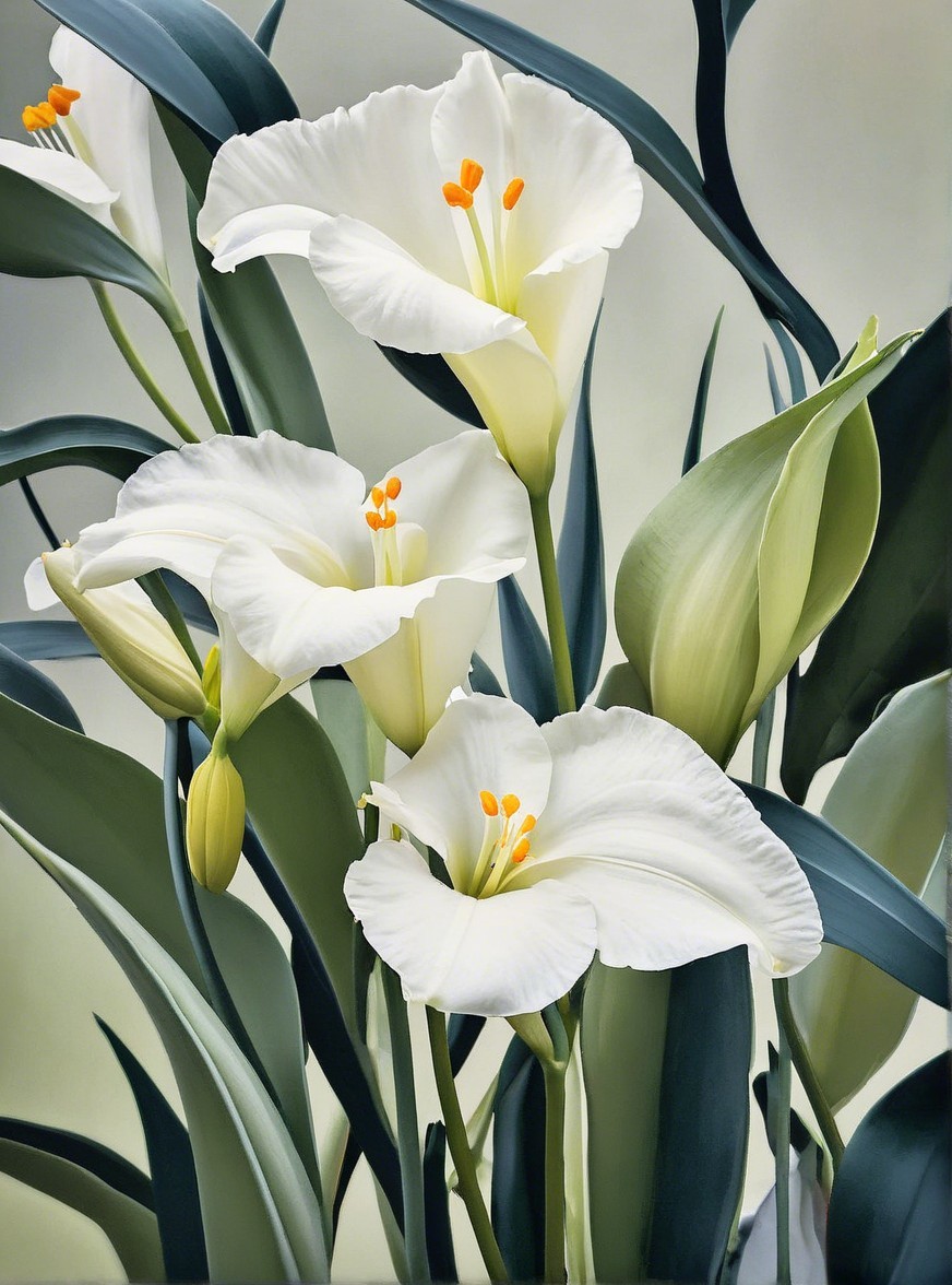 Elegant White Flowers with Orange Stamens and Green Leaves