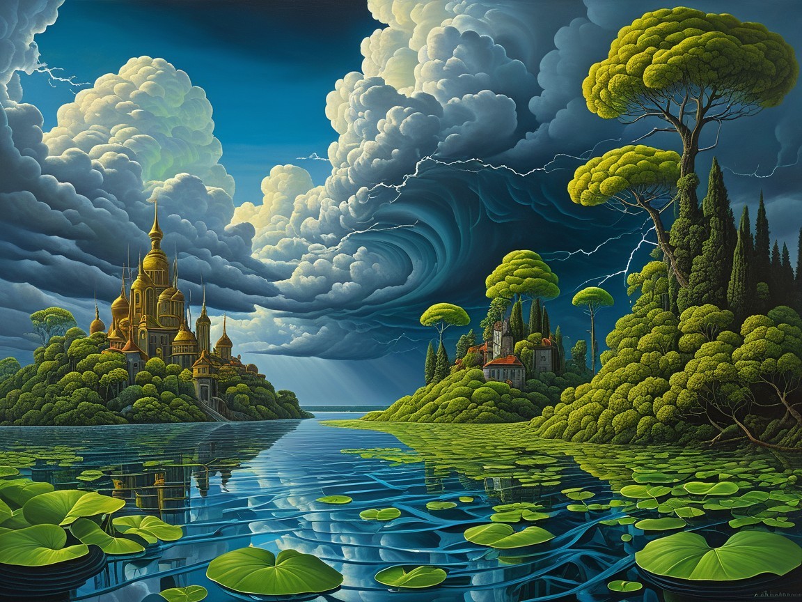 Serene Lake and Whimsical Castle in a Fantastical Landscape