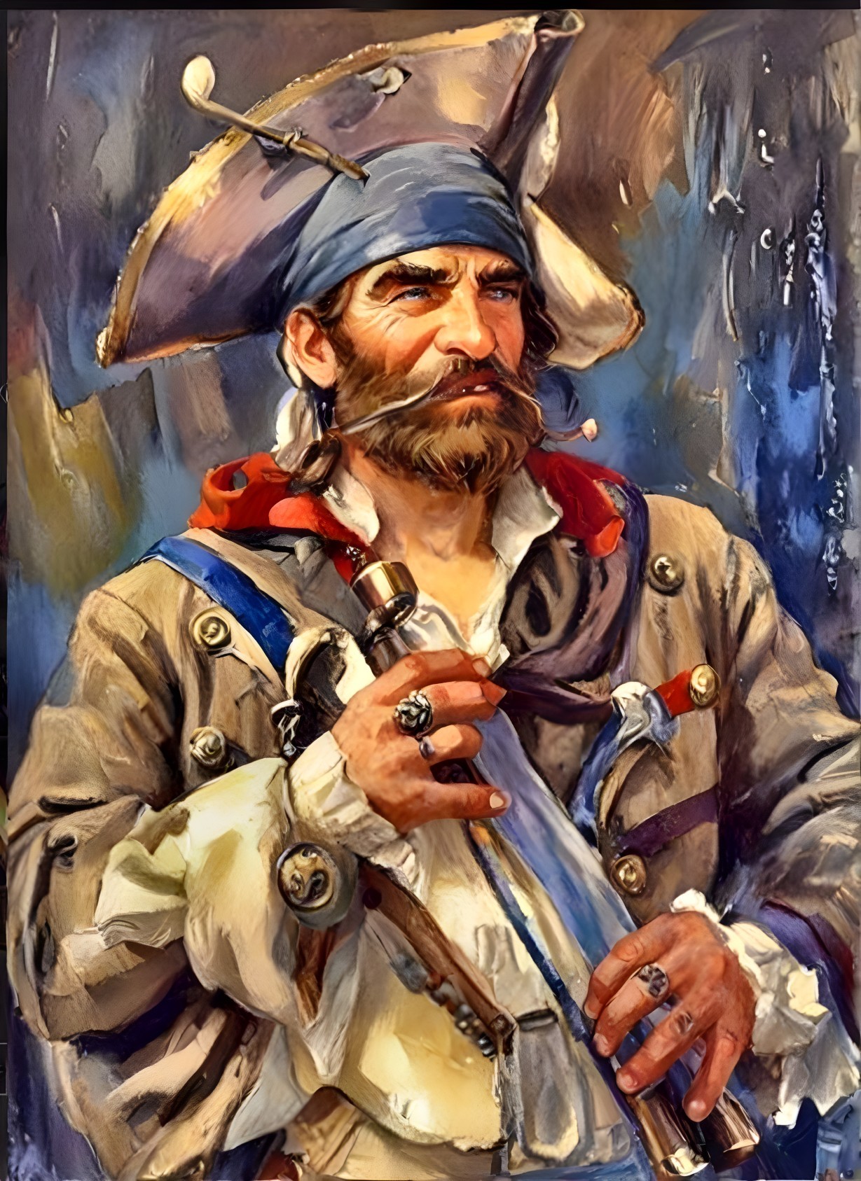 Rugged Pirate with Bushy Beard and Traditional Attire