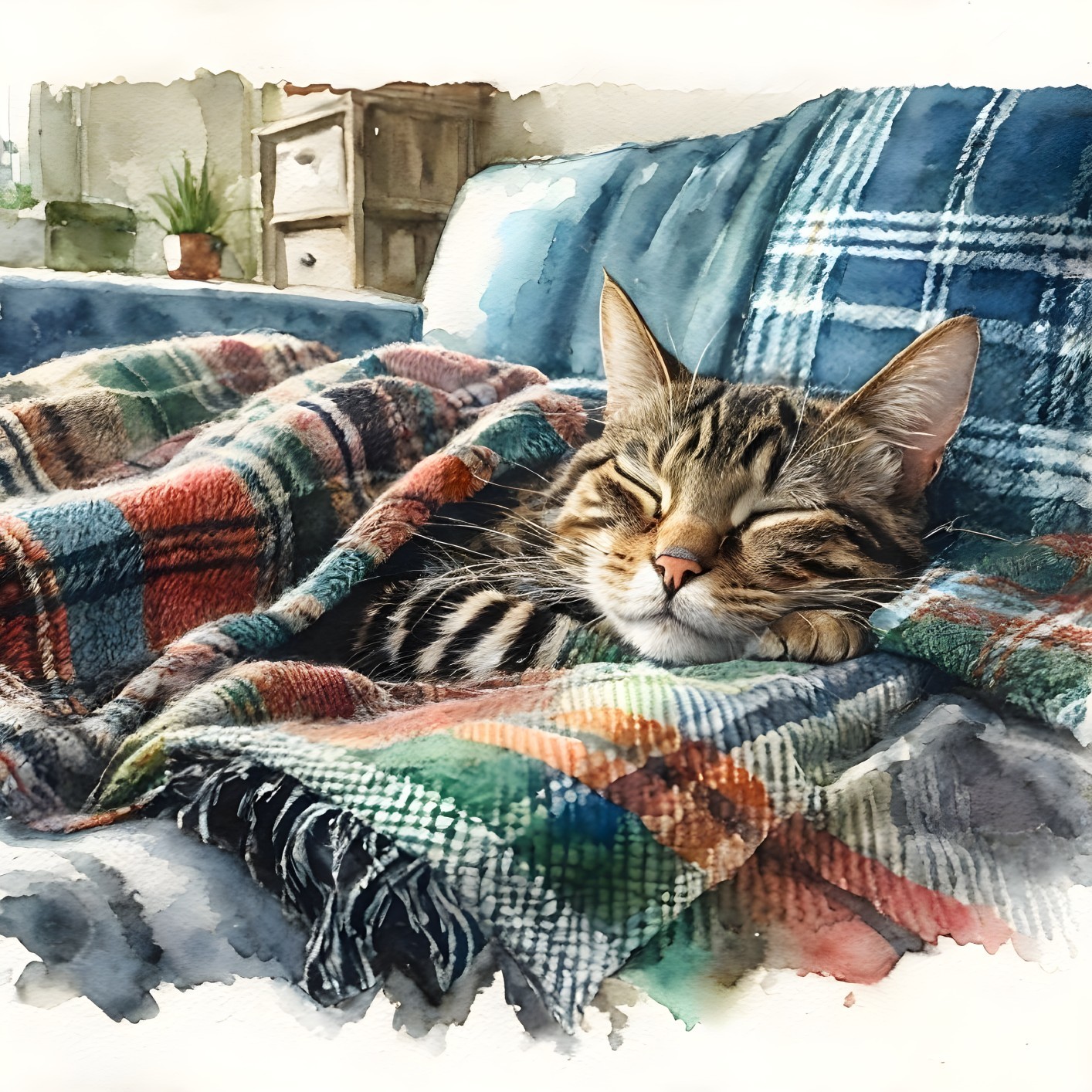 Cozy Tabby Cat Sleeping on Plaid Blanket