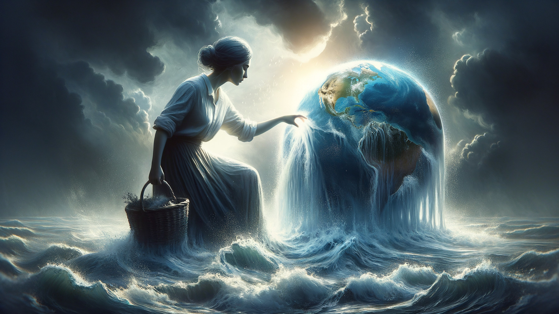 Woman in Dress Nurturing Earth in Turbulent Waters