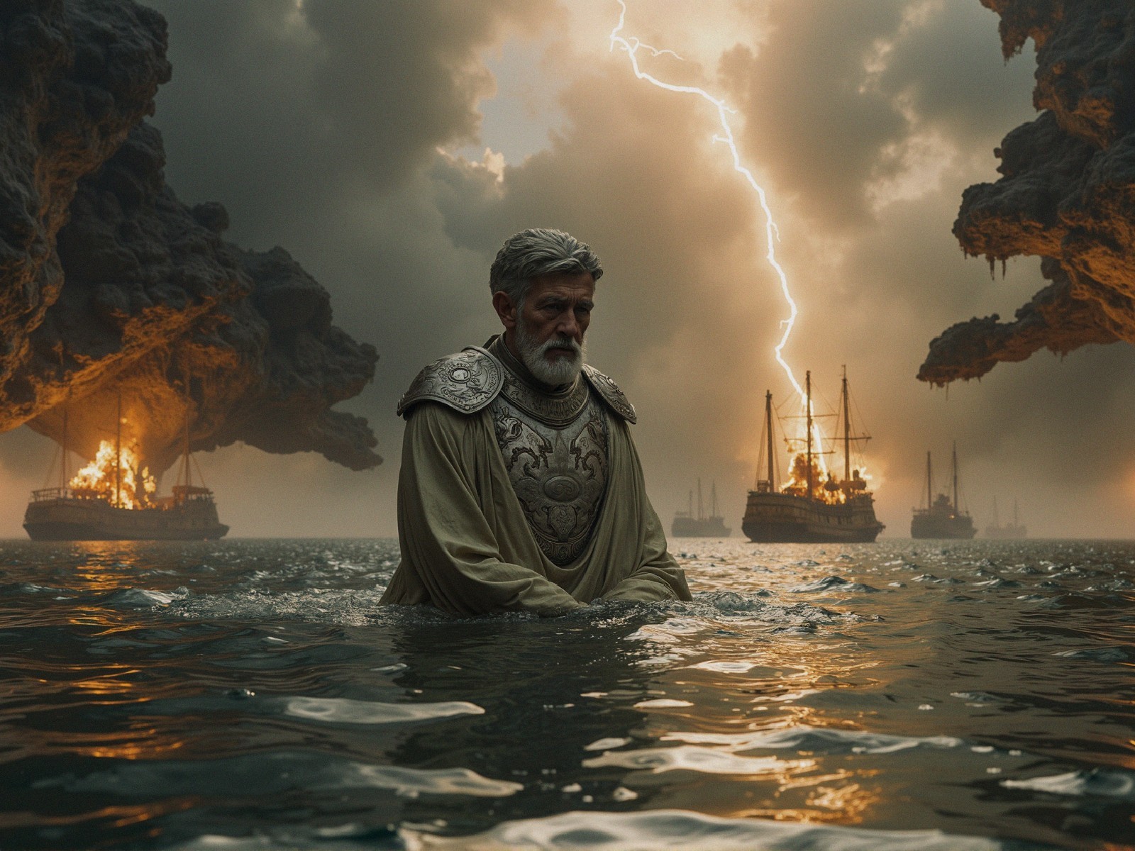 Regal Figure in Armor Amidst Stormy Waters