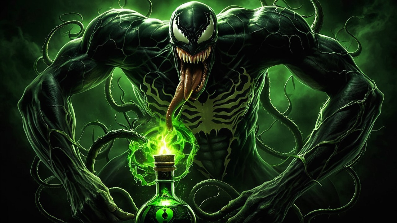 Muscular Monstrous Figure with Green Tendrils and Potion