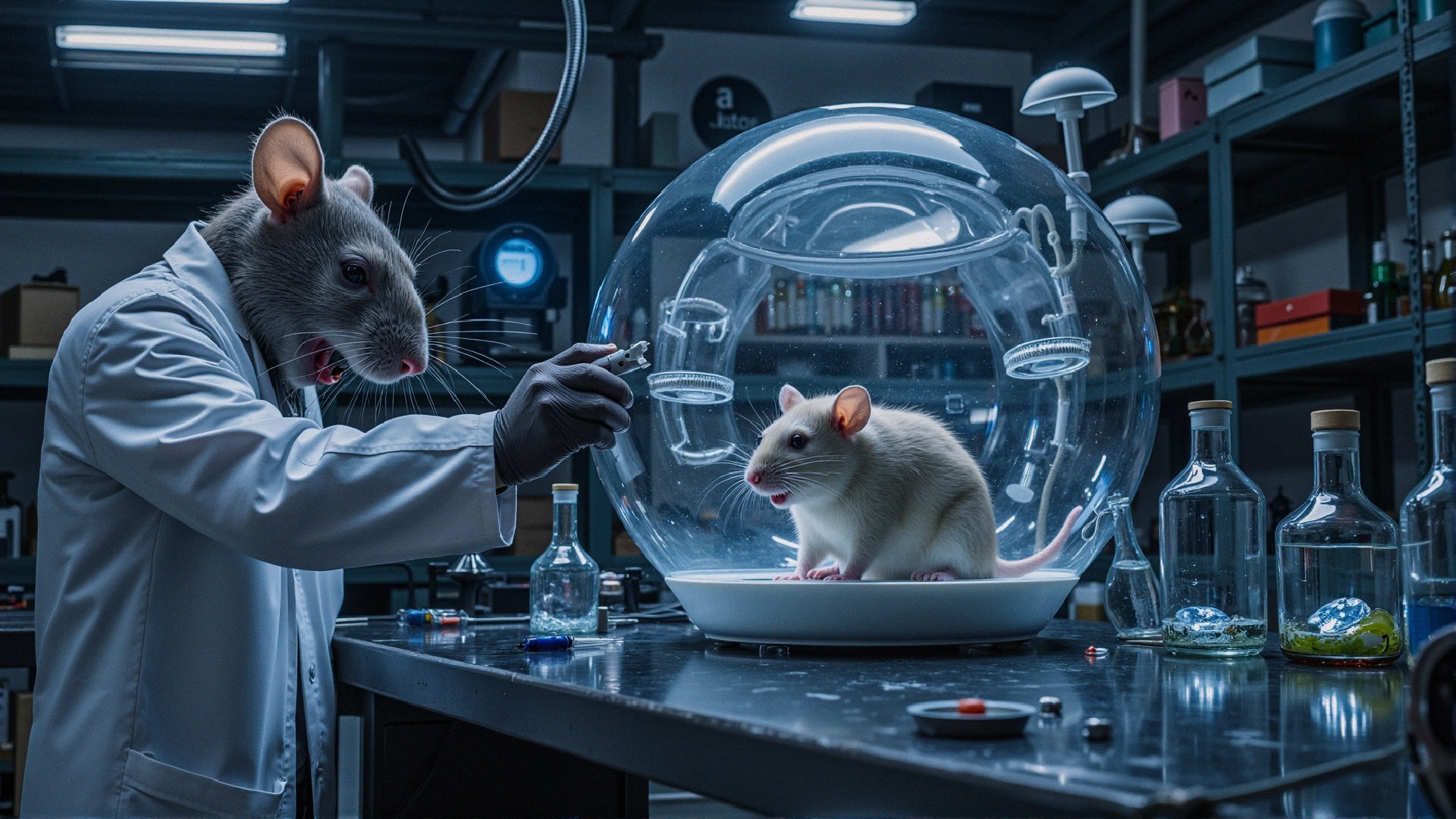 Futuristic laboratory with anthropomorphic rat conducting experiment