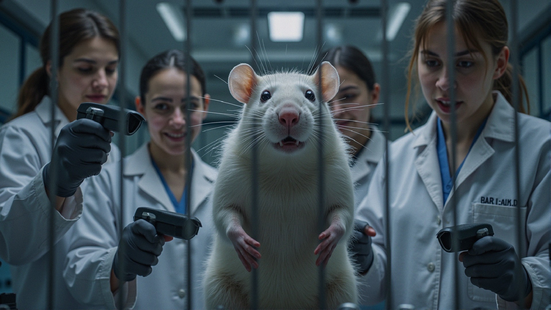 Laboratory Scene with Scientists and White Rat