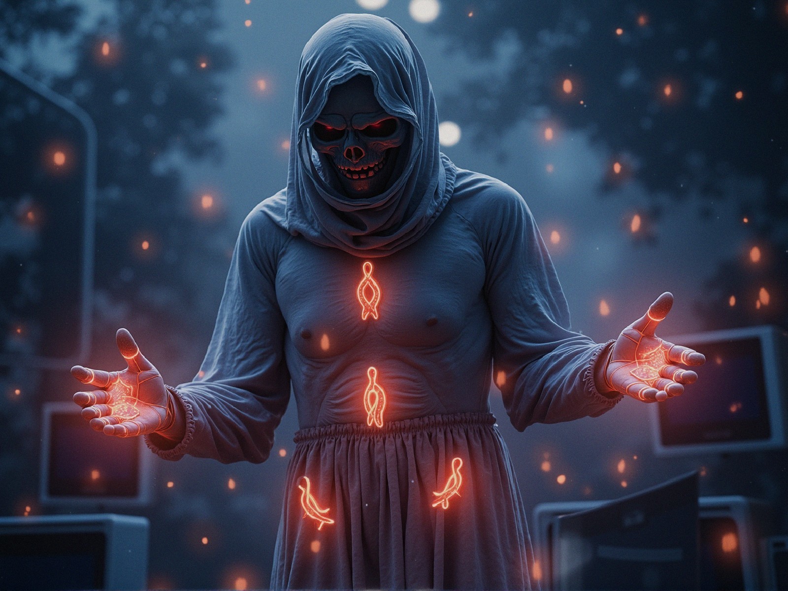 Mysterious figure in tattered robe in surreal setting