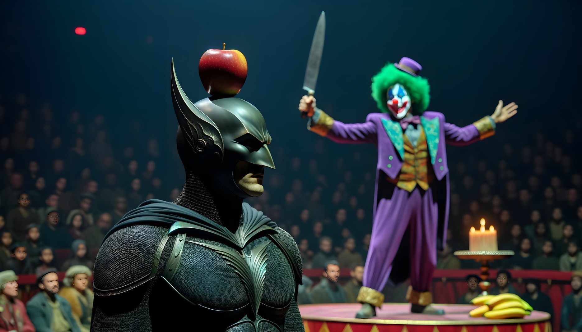 Vigilante watches clown cutting cake on stage
