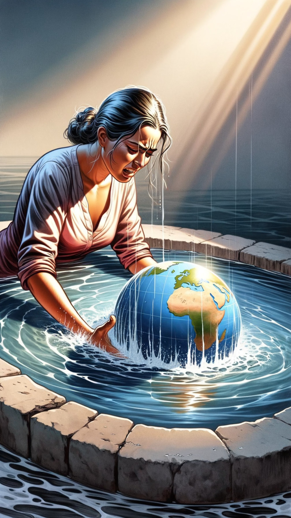 Woman at Stone Well with Globe and Flowing Water