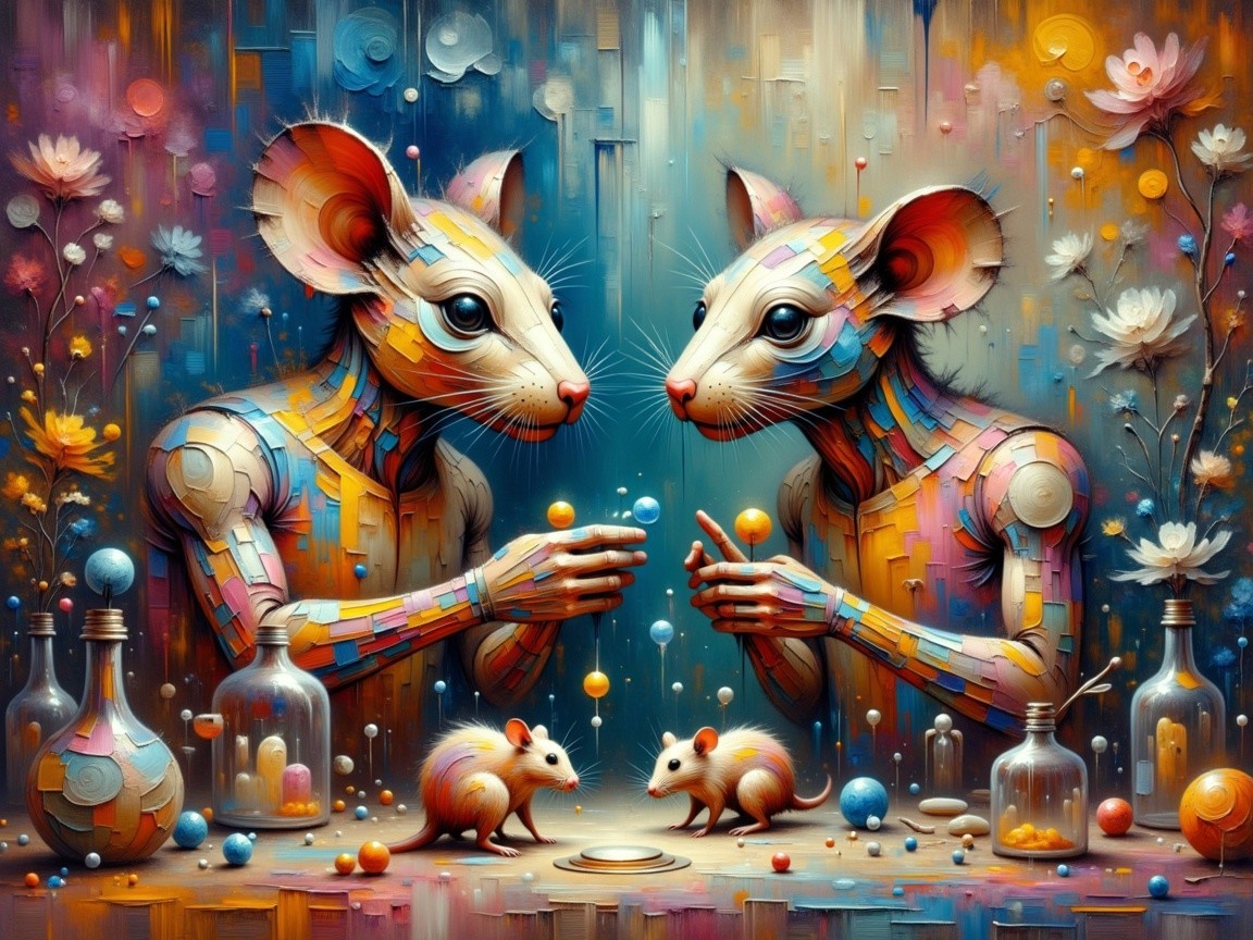 Robotic Mice with Vibrant Patterns in Whimsical Setting
