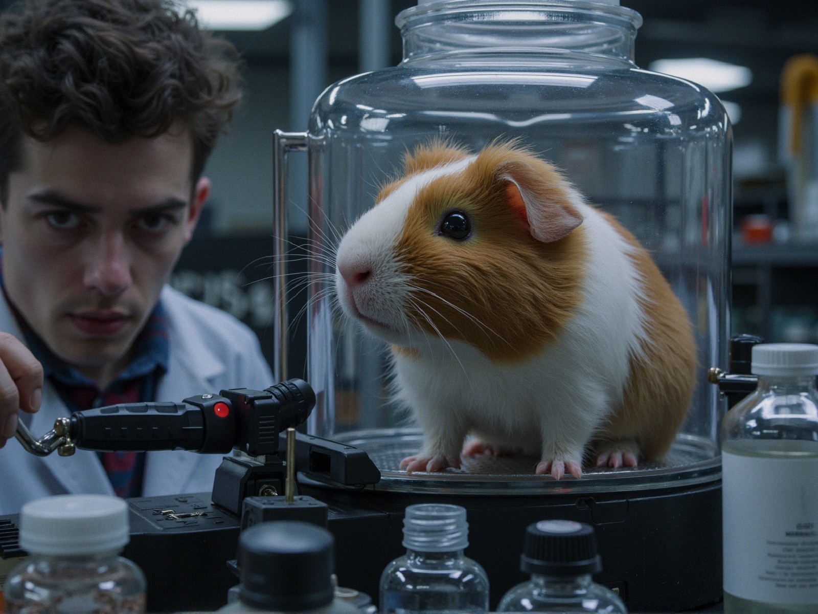 Scientist Conducting Experiment with Guinea Pig in Lab