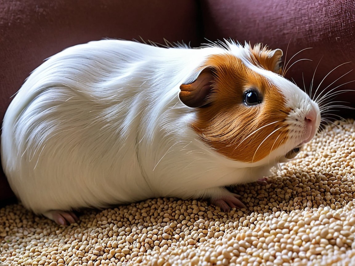 Fluffy guinea pig resting on seeds with brown patches