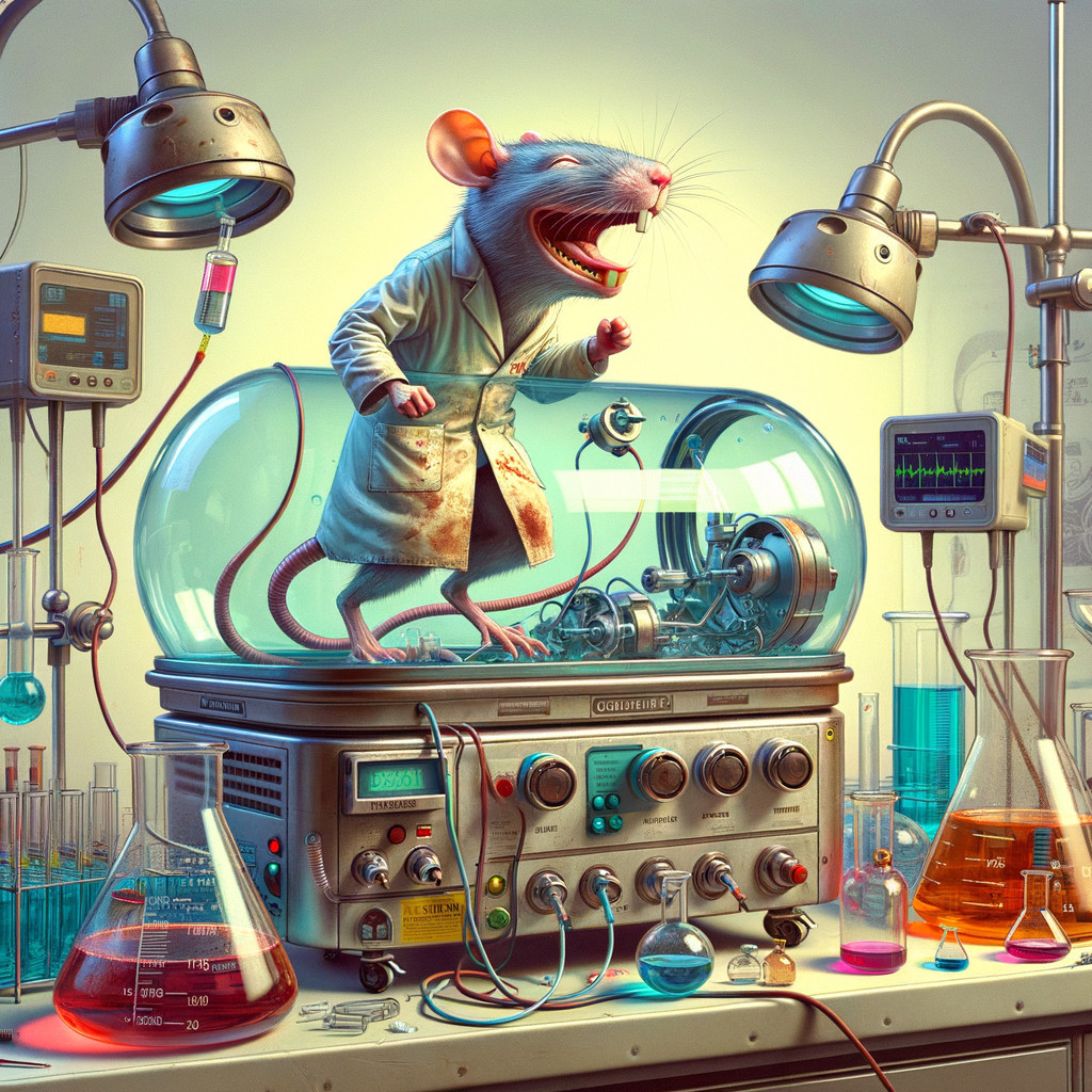 Cartoonish rat in lab coat atop high-tech machine