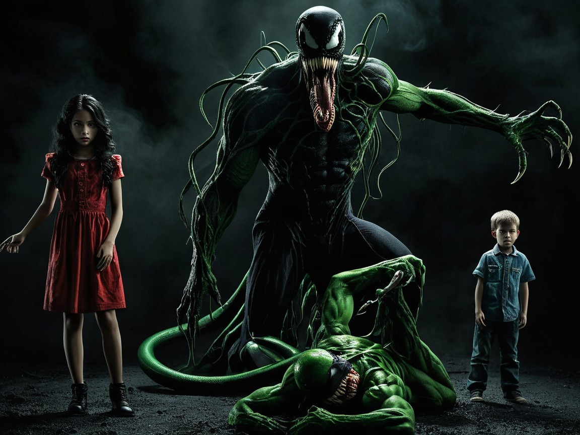 Menacing Creature with Children in Dark Setting