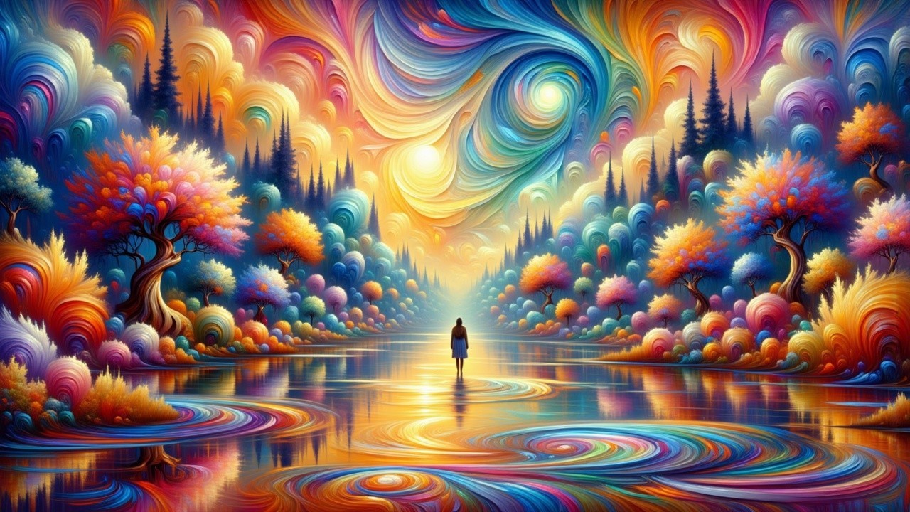 Surreal Landscape with Colorful River and Whimsical Trees