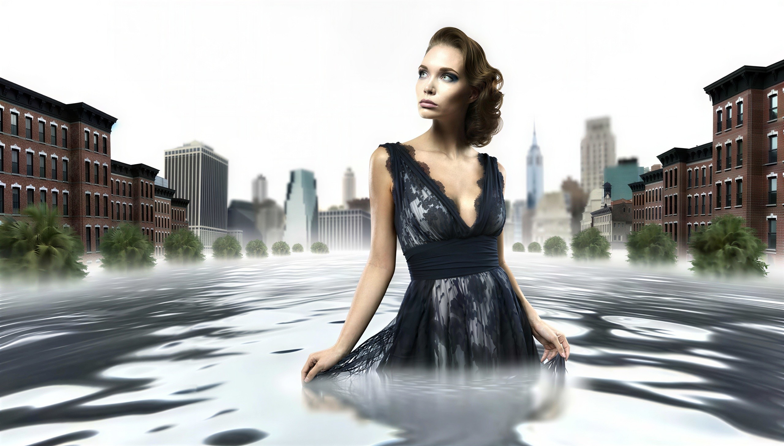 Elegant Woman in Water with Cityscape Background
