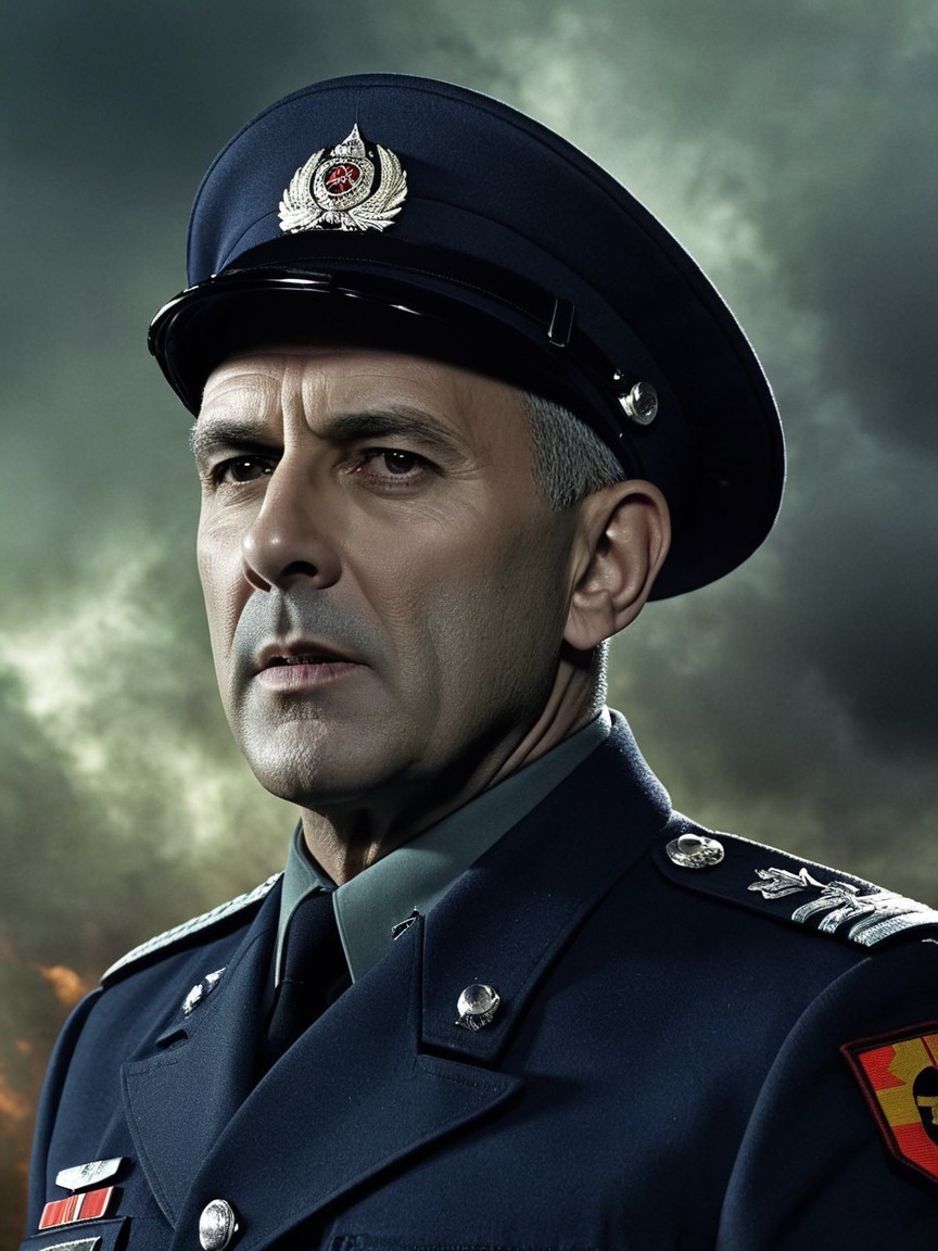 Stern Military Figure in Dark Blue Uniform and Insignia