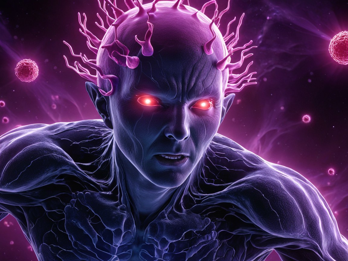 Futuristic Humanoid Figure with Cosmic Background