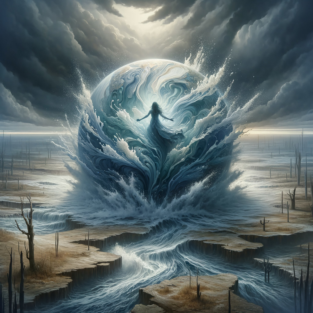 Mystical Figure Surrounded by Ocean Waves and Clouds