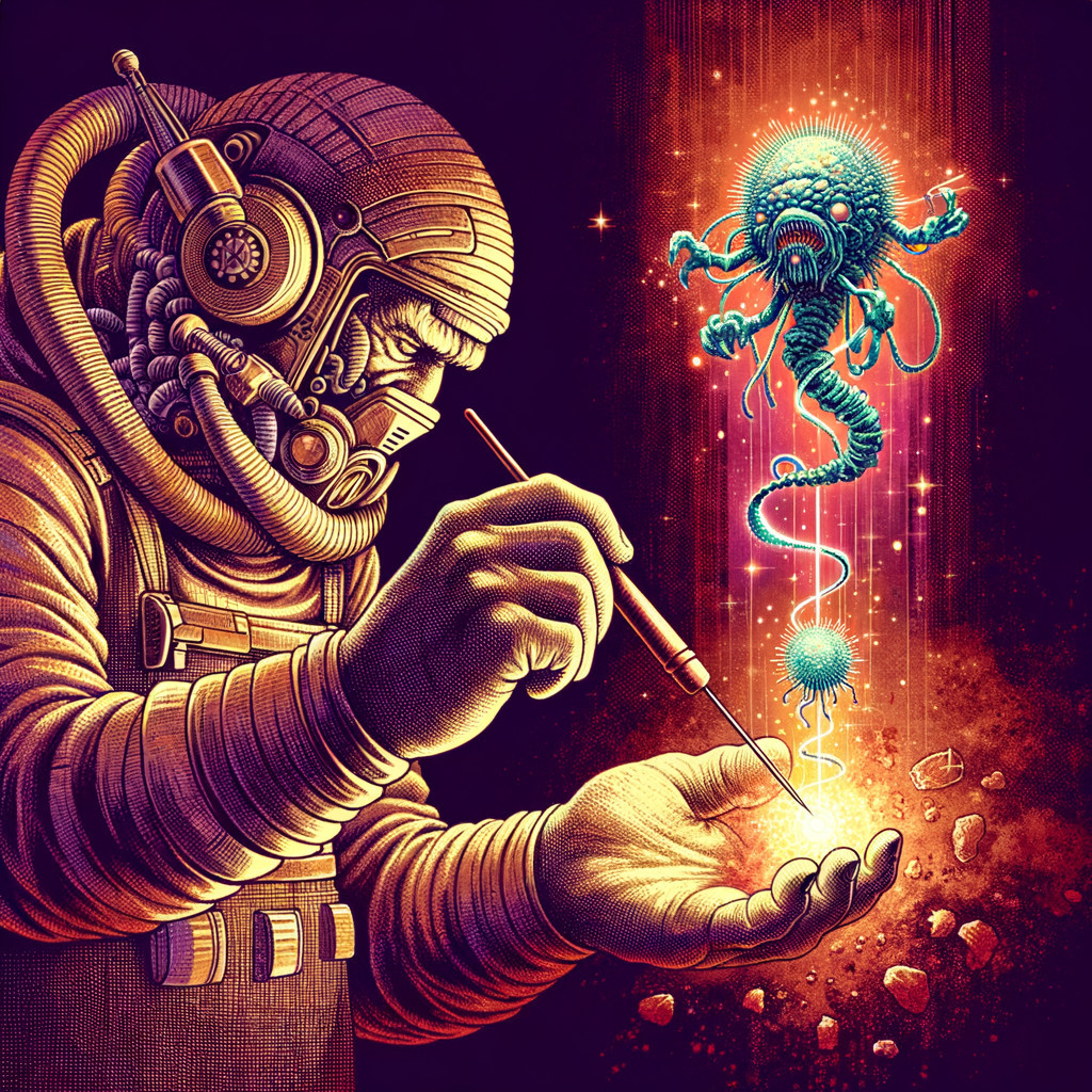 Astronaut Interacting with Alien Creature in Space