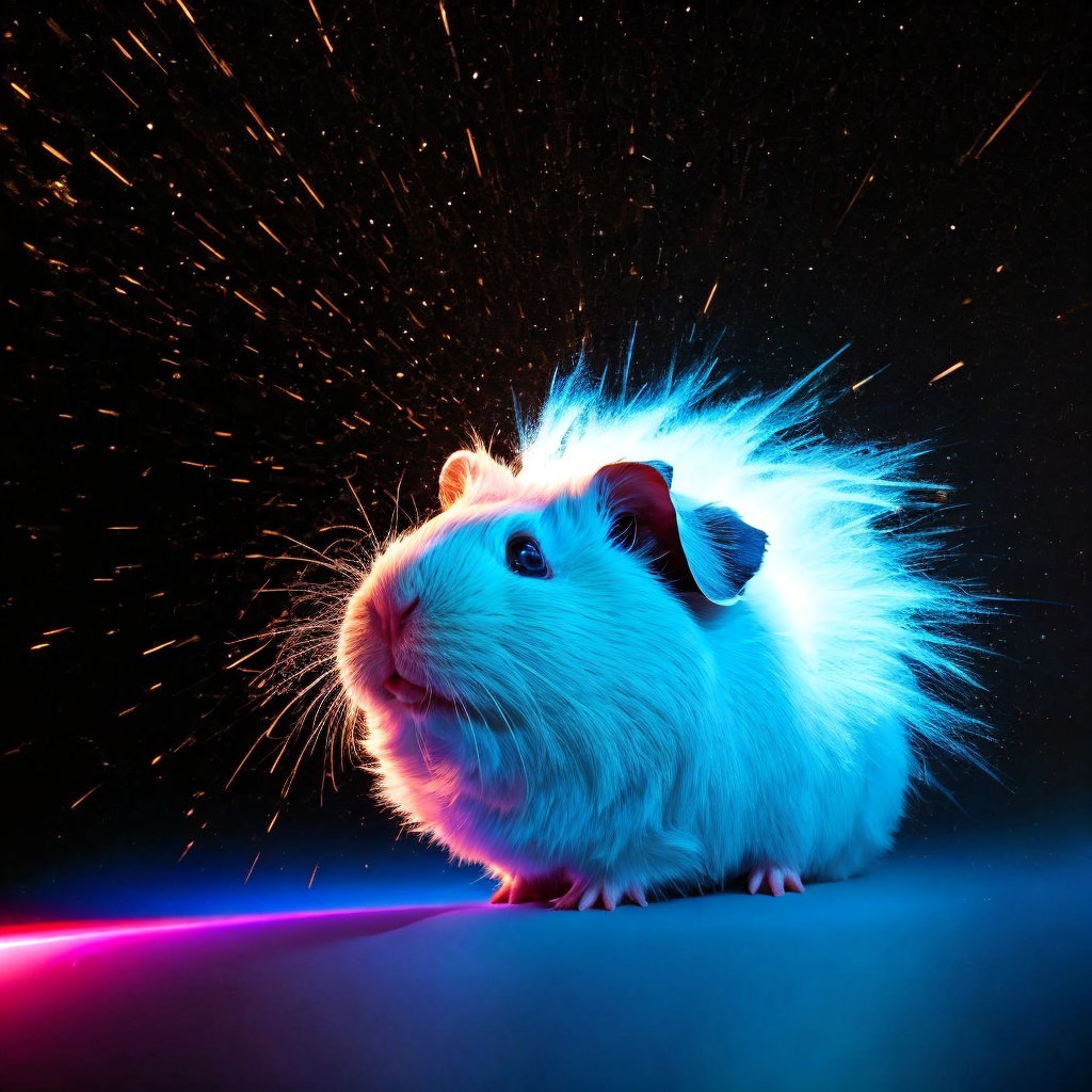 Fluffy Guinea Pig in Vibrant Blue and Pink Lights