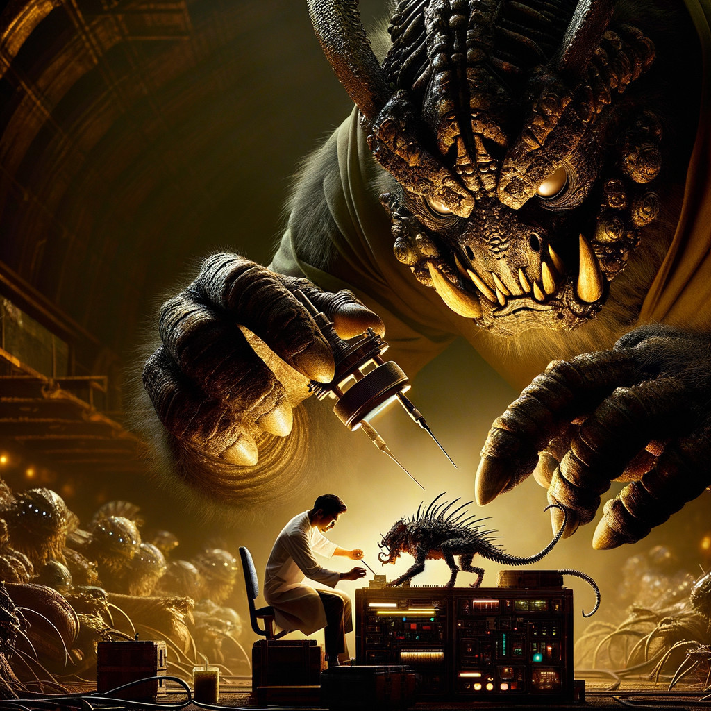 Eerie Laboratory Scene with Scientist and Monstrous Figure