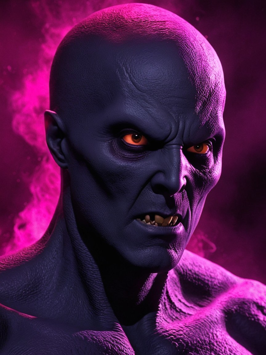 Muscular Figure with Purple Skin and Fierce Expression