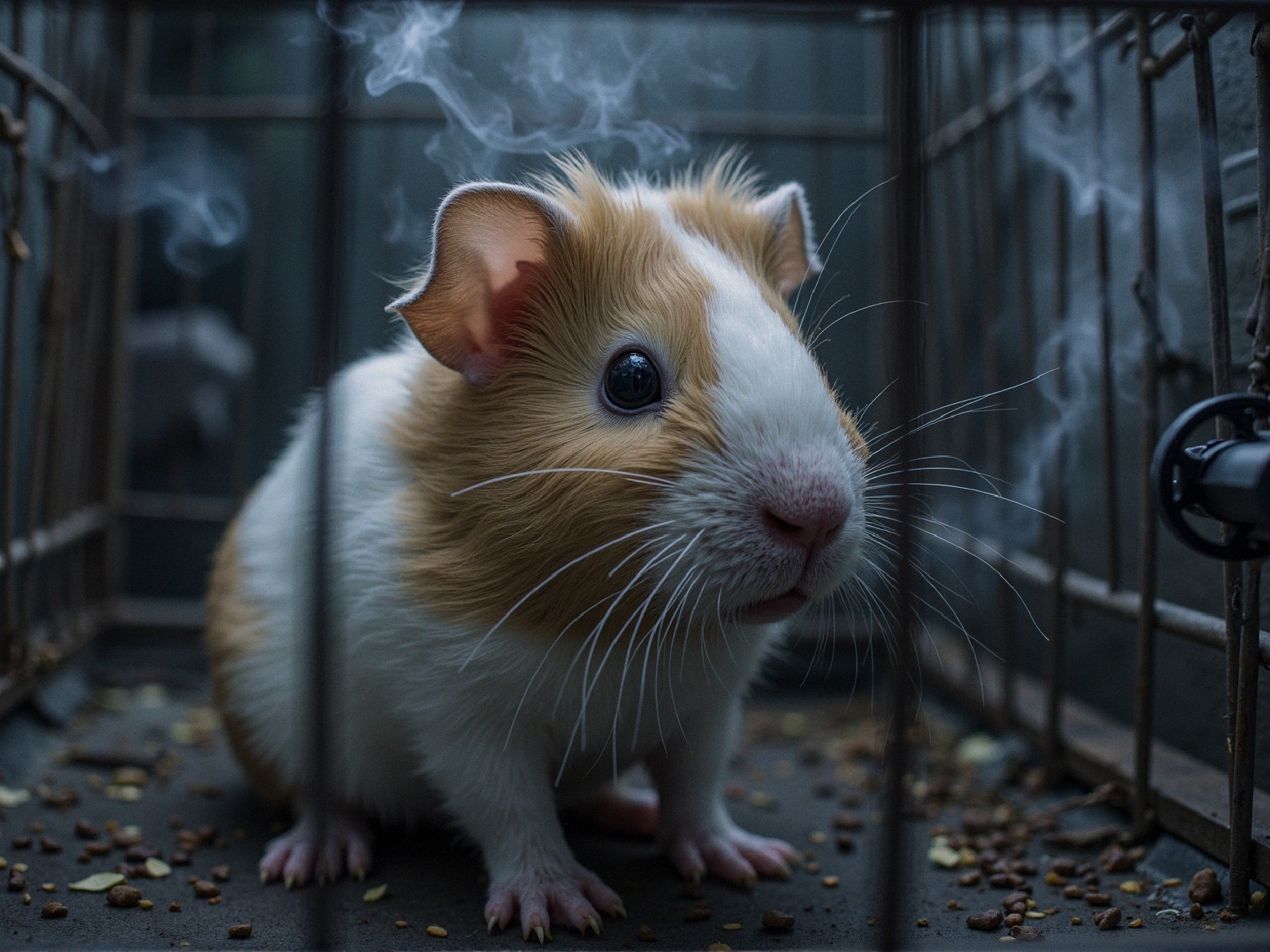 Curious guinea pig in a cage with fluffy fur and seeds