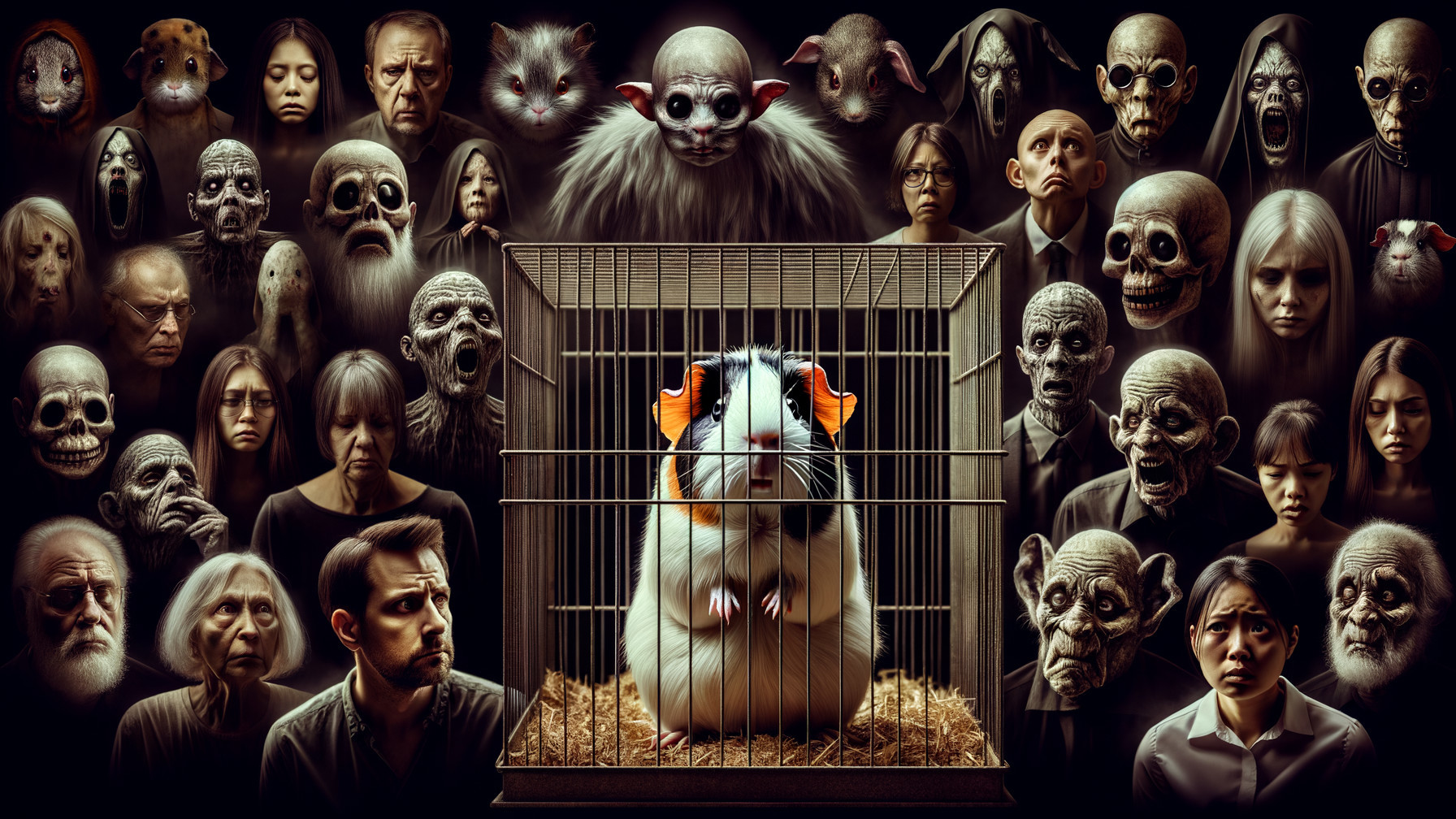 Guinea Pig in Cage Surrounded by Eerie Faces