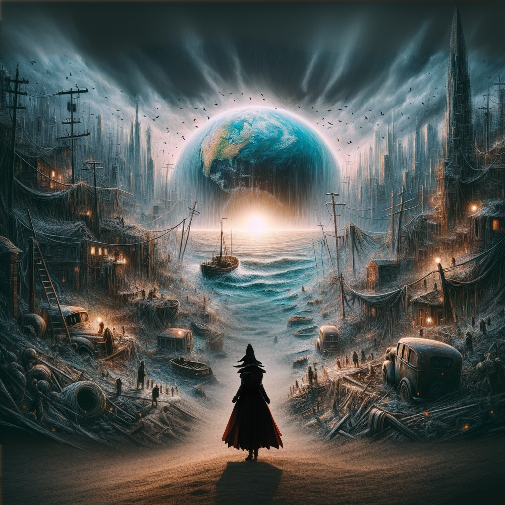 Cloaked Figure on Shore Amidst Dystopian Ruins