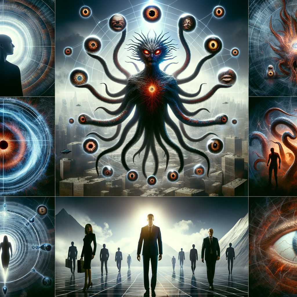 Surreal Abstract Design with Central Figure and Patterns