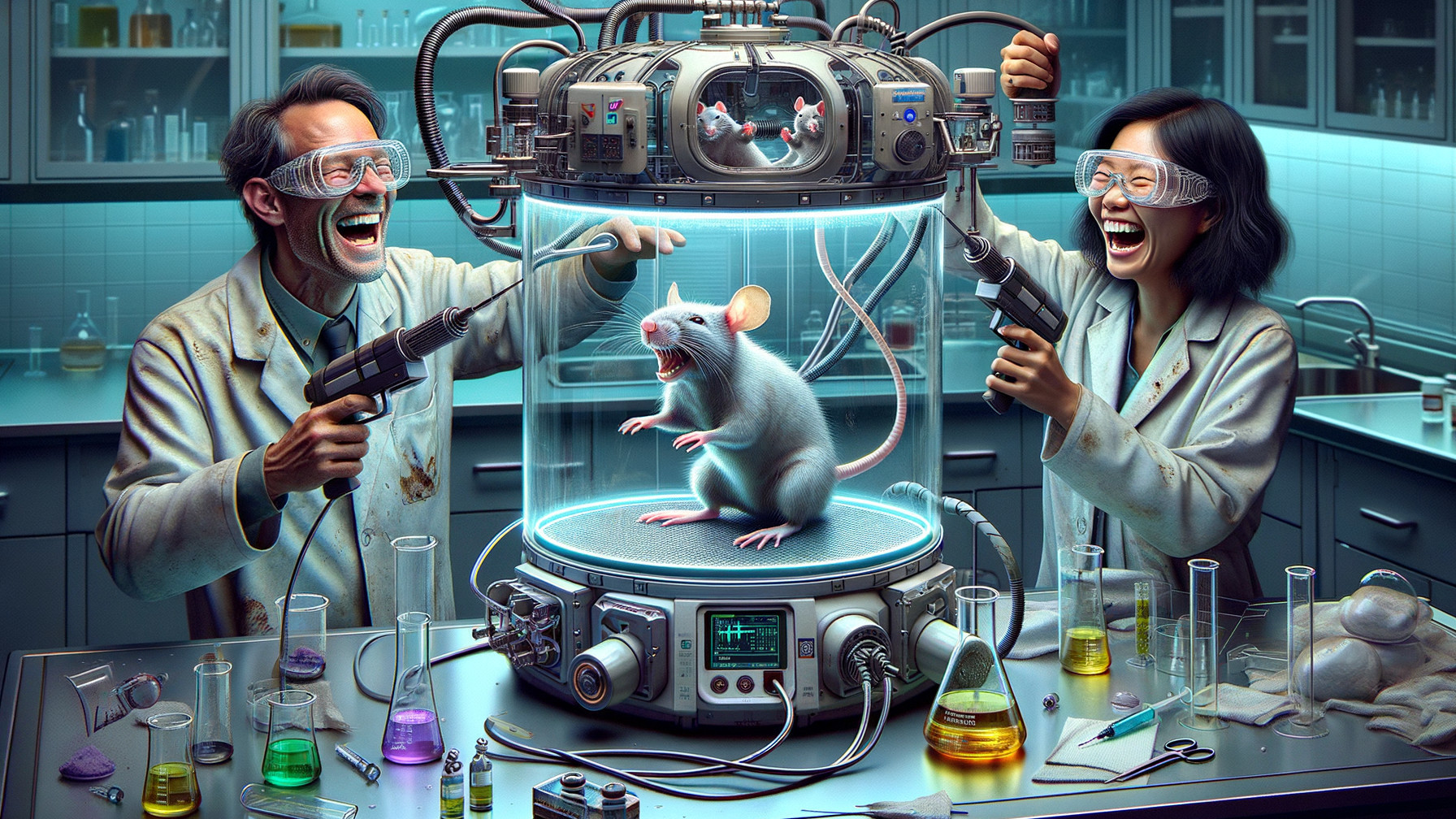 Futuristic Laboratory with Scientists and White Mouse