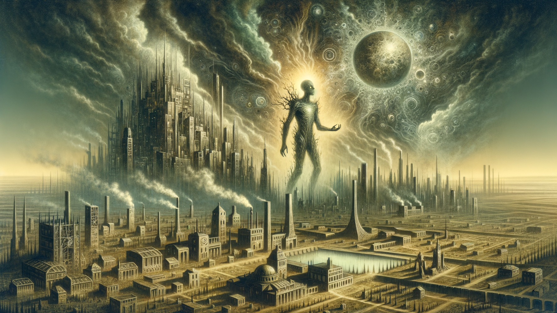 Surreal Landscape of Futuristic City and Celestial Body