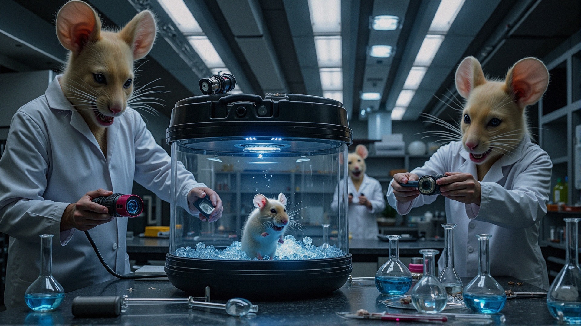 Futuristic Laboratory with Humanoid Mouse Figures