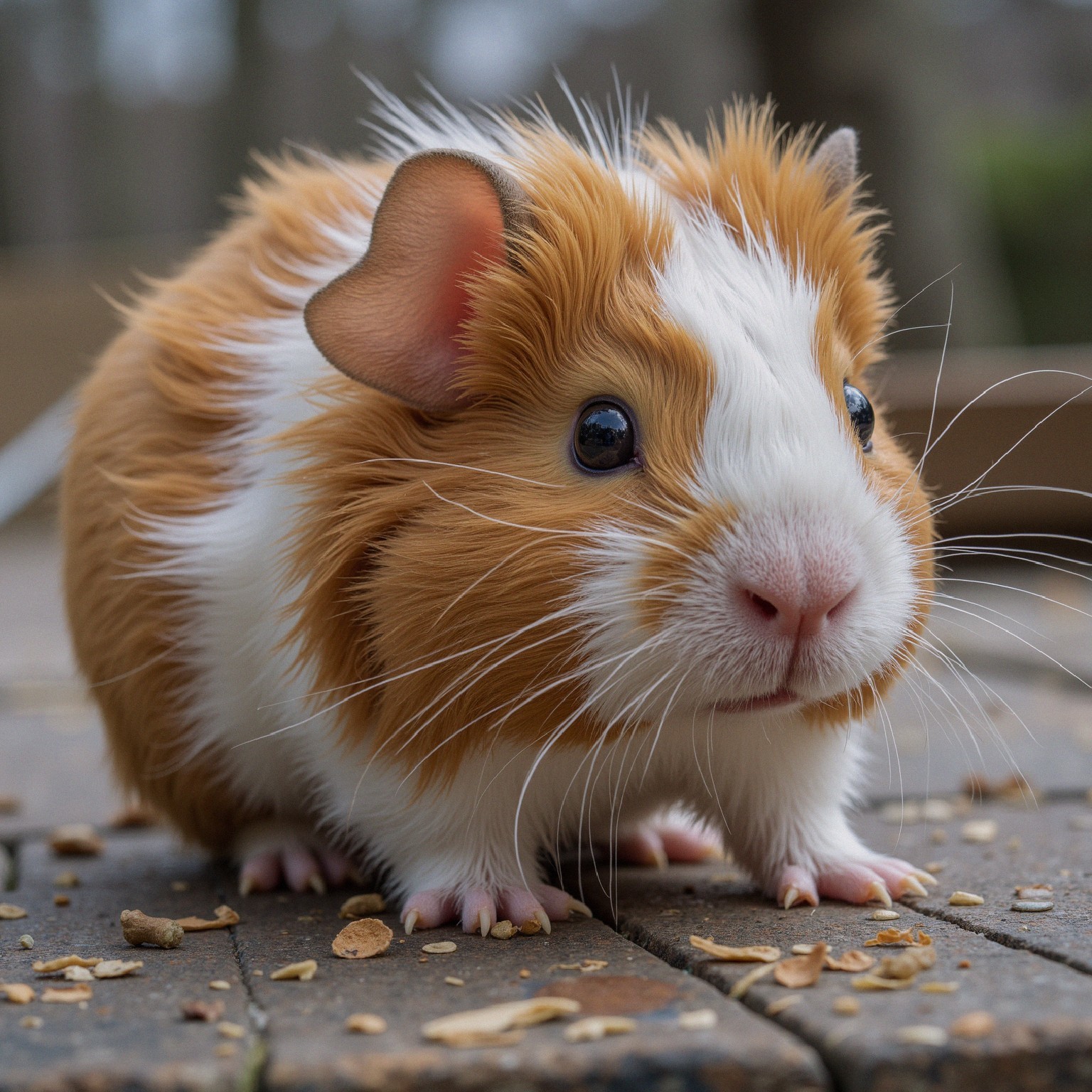 Fluffy orange and white guinea pig on wooden surface