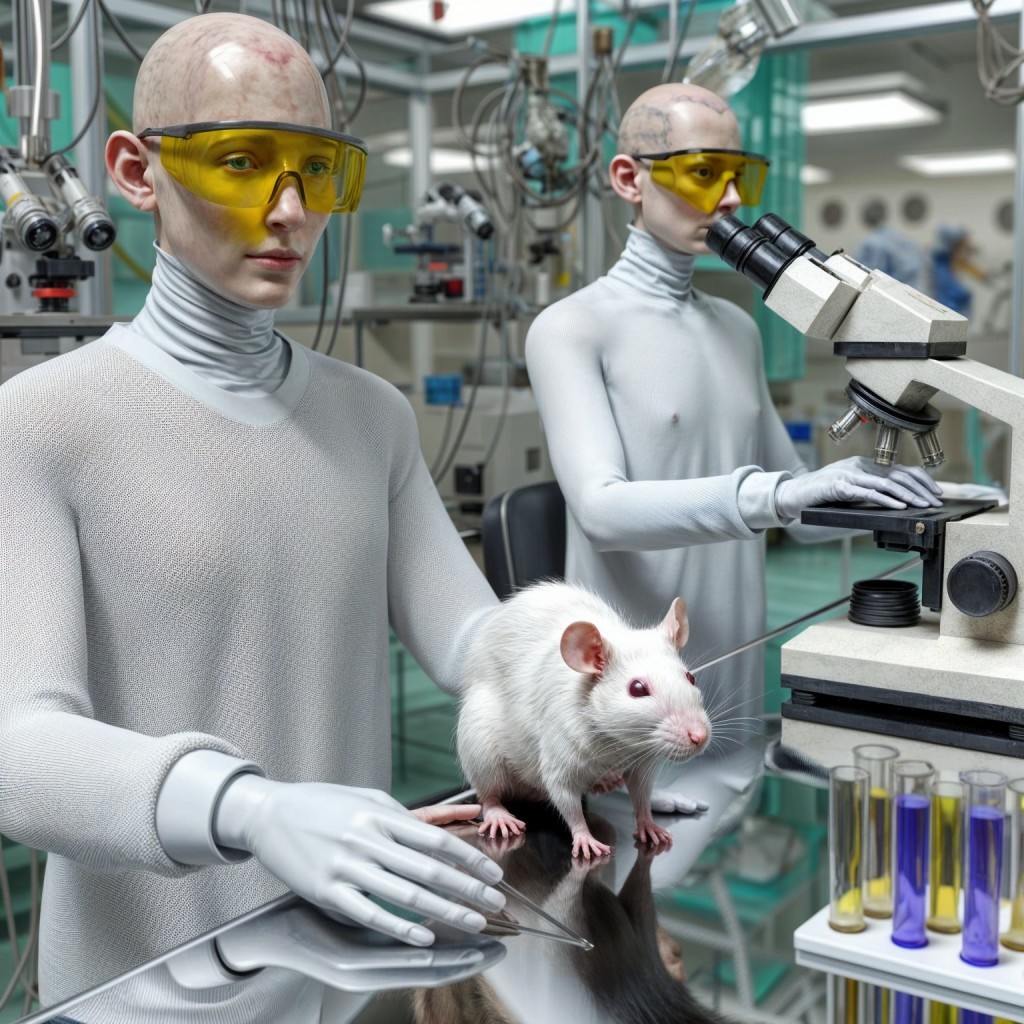 Humanoid Figures Conducting Experiments in Laboratory