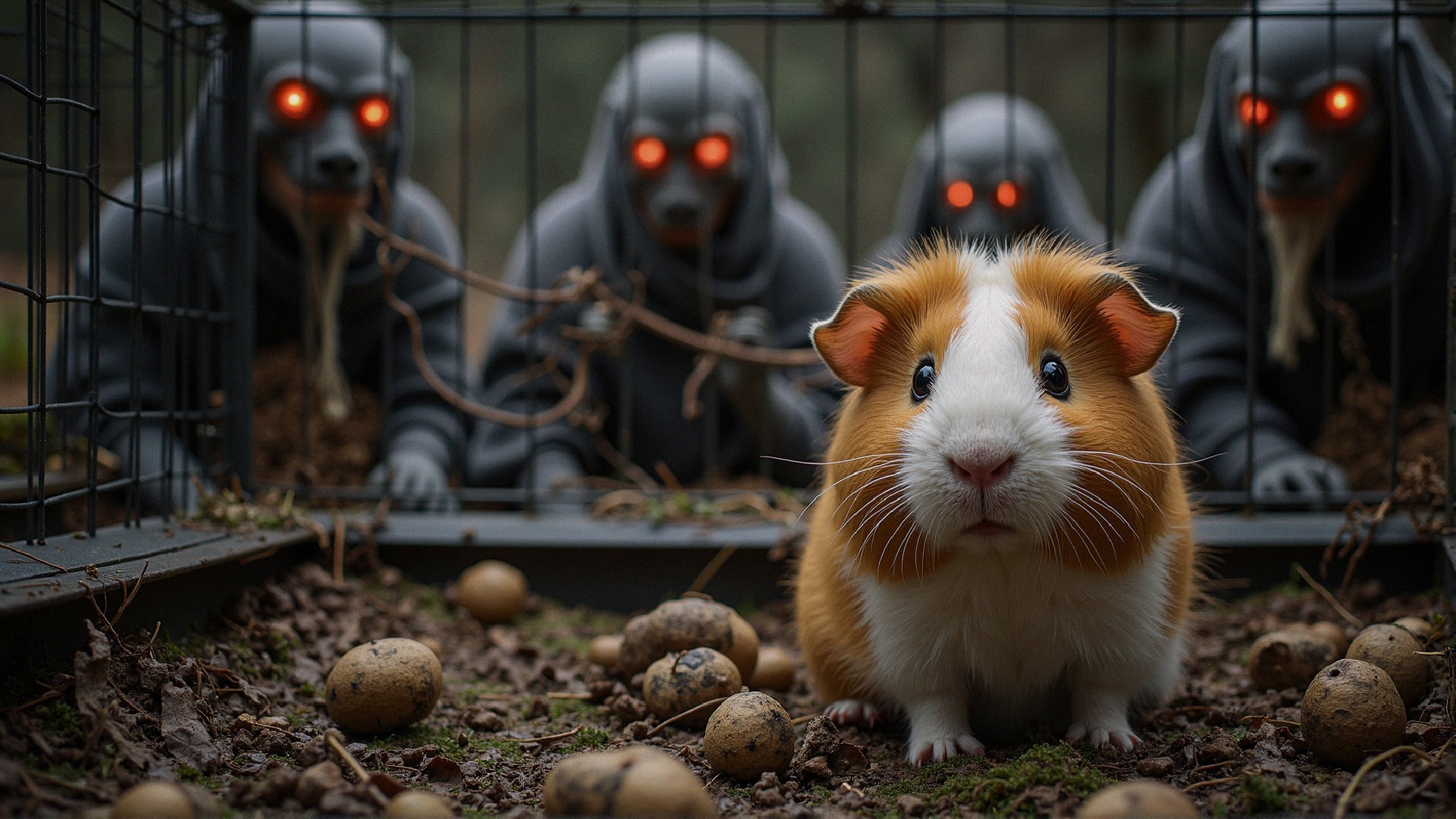 Surreal Scene with Guinea Pig and Humanoid Dog Figures