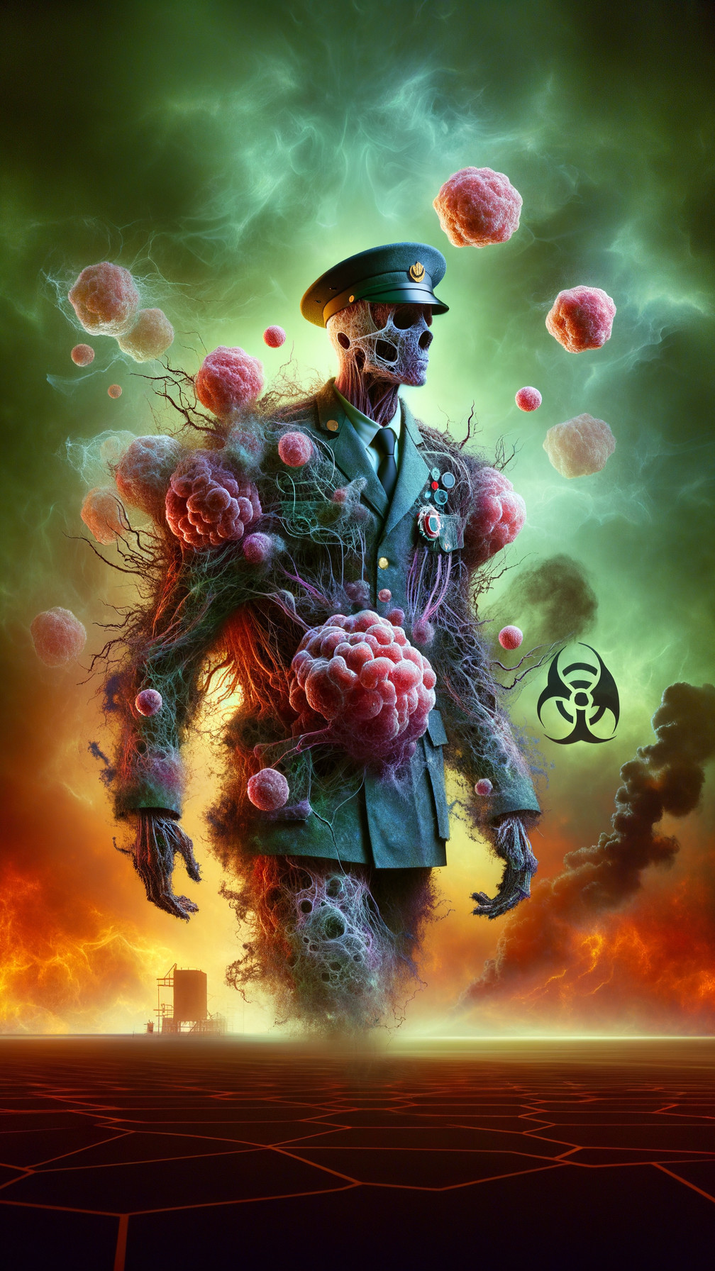 Surreal Humanoid Figure in Military Uniform with Decay