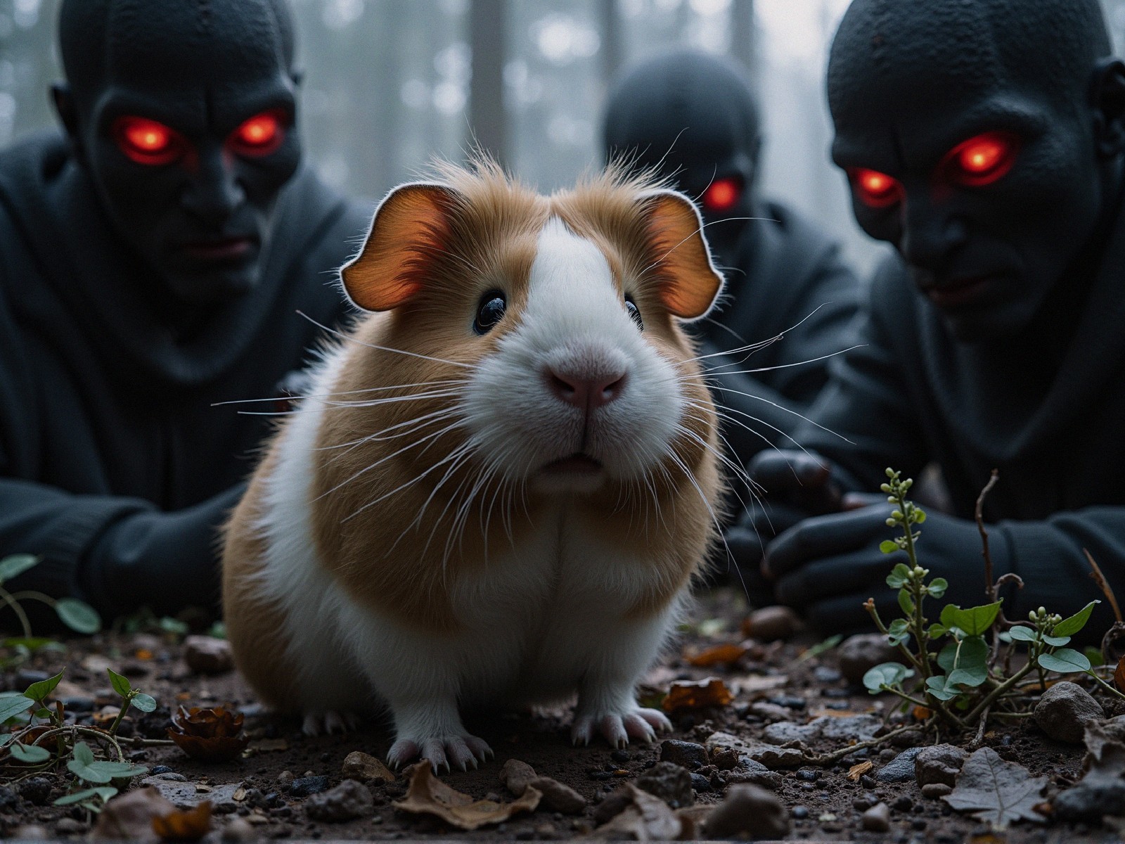 Guinea Pig in Misty Forest with Shadowy Figures